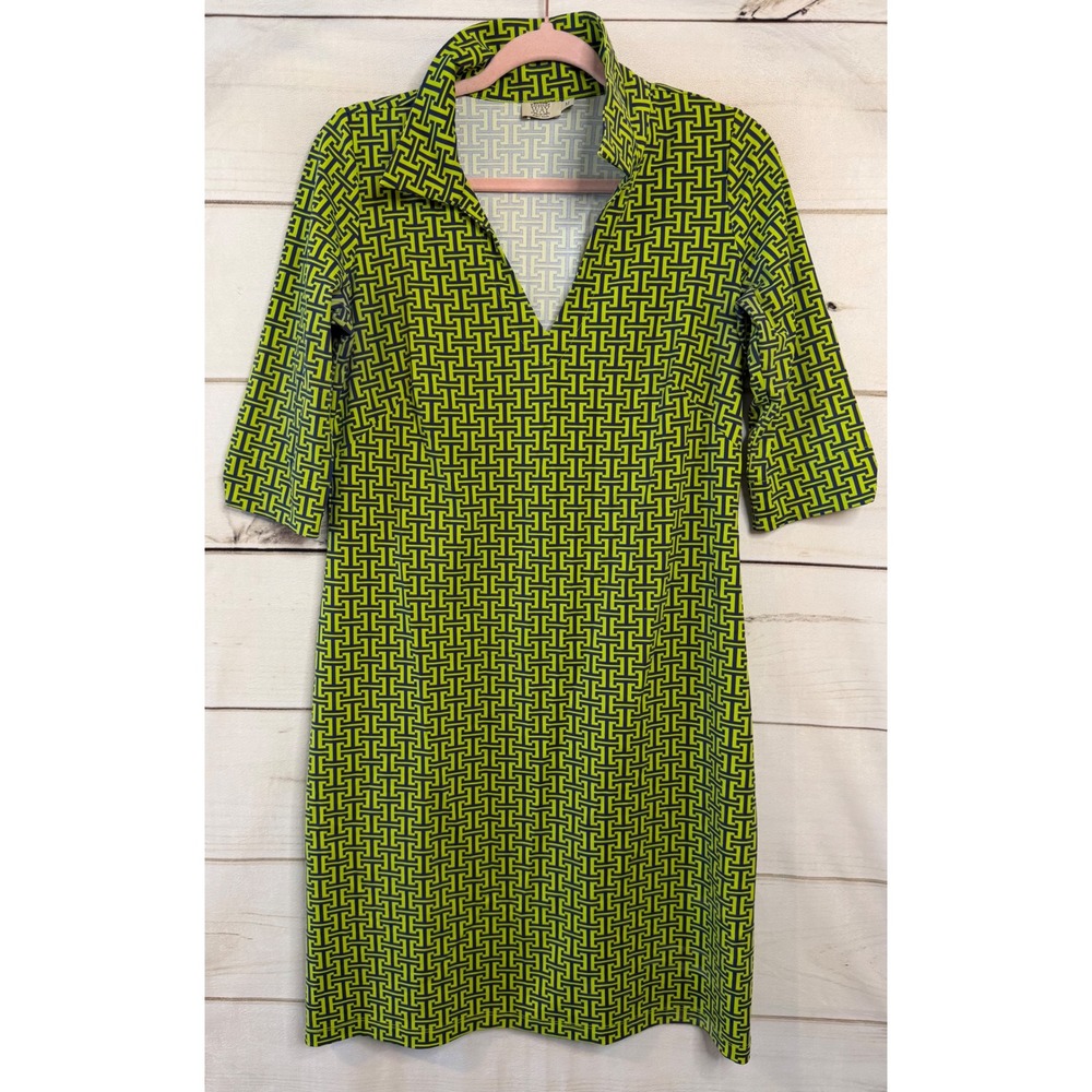 Katherine Way Womens Geometric Greek Key V-Neck Shift Dress Lime Green Navy Sz M